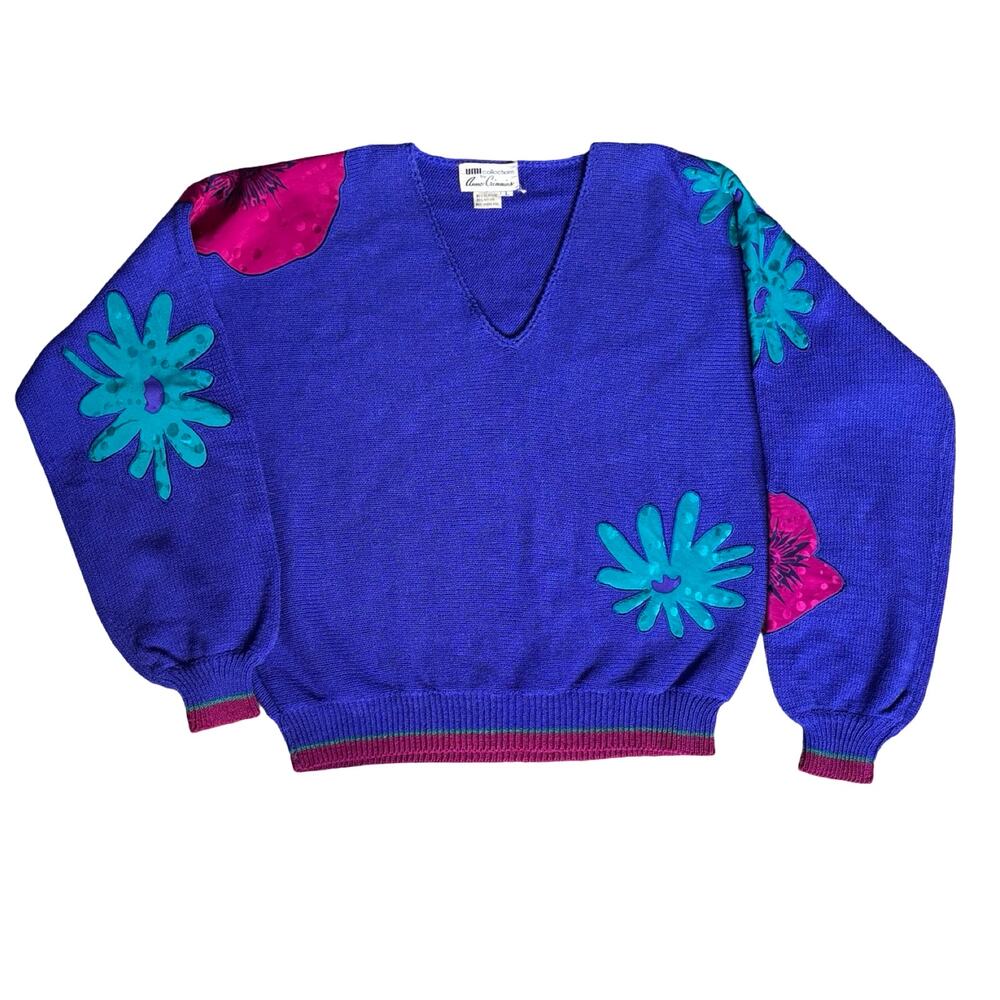 Vintage Anne Crimmins Umi Collections Floral Sweater Large Blue 90s Statement